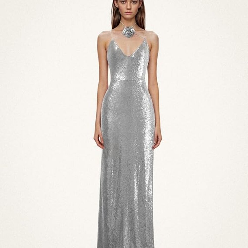 NWT JW Pei Heisey Silver Sequin Rosette Maxi Dress Size 10 Statement